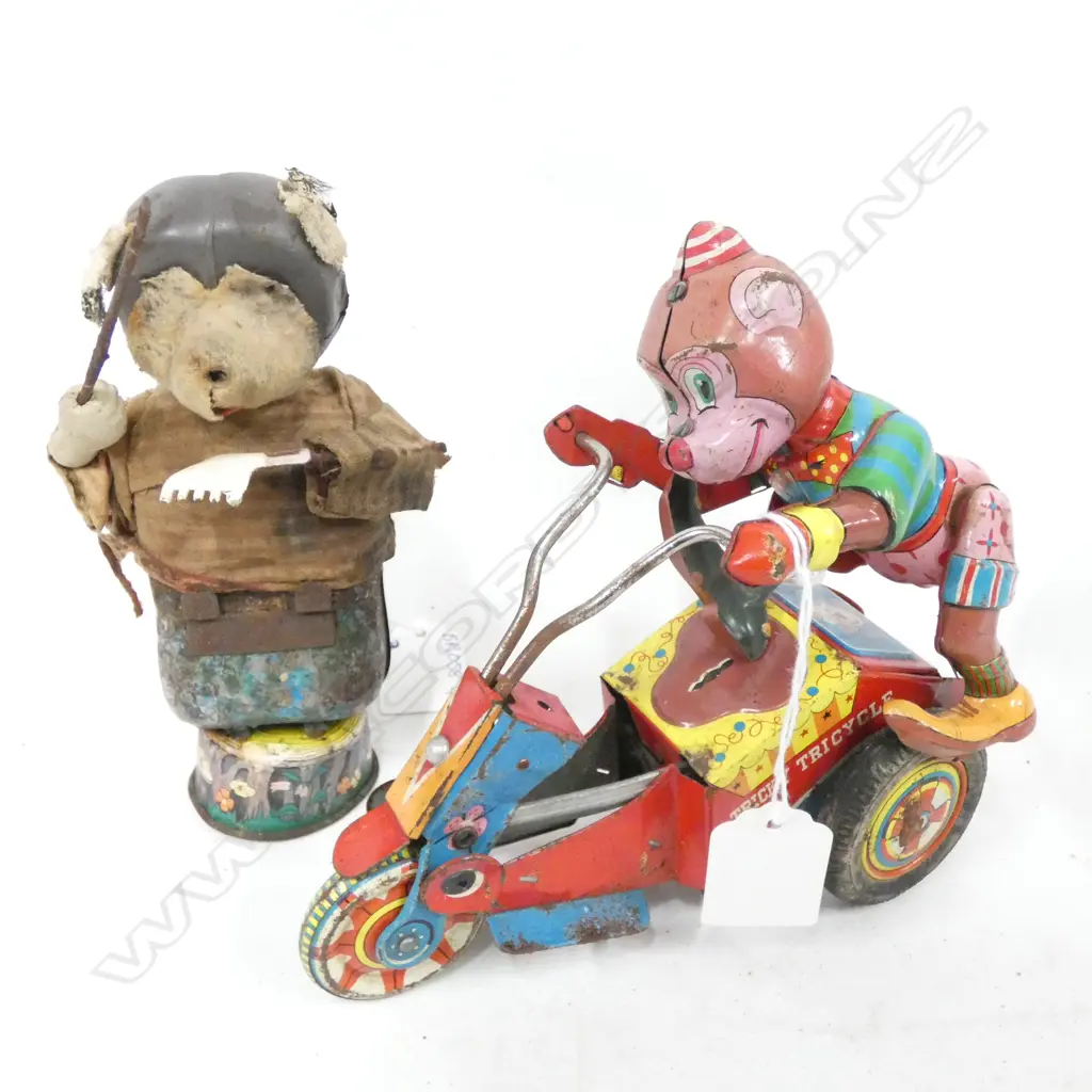 2 OLD TIN PLATE TOYS; CONDUCTOR (WEAR & TEAR/ RUST BUT WORKING) H.160MM & TRICKY TRICYCLE MONKEY L.160MM Image 1++